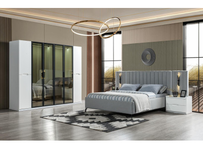 Sängmöbelset i fyra delar säng, garderob, nattduksbord i trä