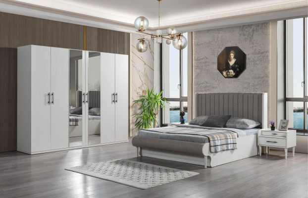 Set med 4 delar för sovrum med säng, garderob och nattduksbord