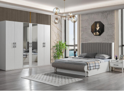 Set med 4 delar för sovrum med säng, garderob och nattduksbord