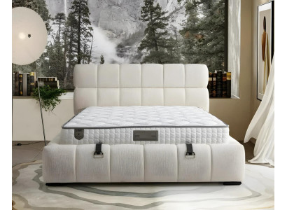 Elegant blå tyg och trä säng med madrass