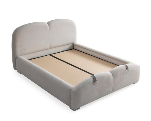 Säng modern vit med klädsel och madrass av trä