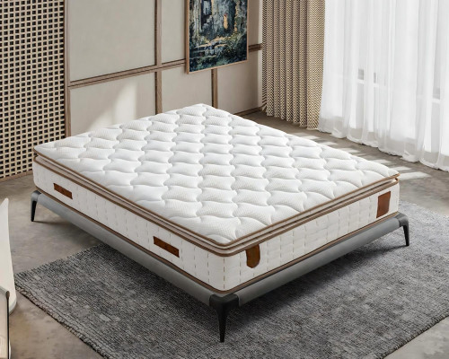 Grå sängram med tyg- och trä-madrass, modern design