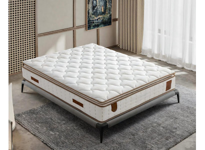 Grå sängram med tyg- och trä-madrass, modern design