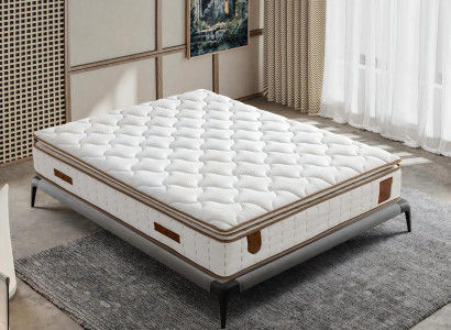 Grå sängram med tyg- och trä-madrass, modern design