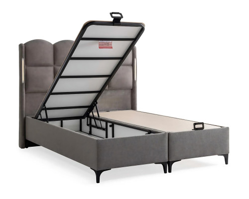 Grå sängram med tyg- och trä-madrass, modern design