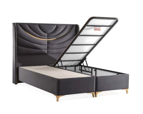 Elegant säng med madrass i tyg och trä