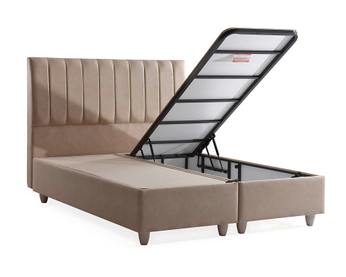 Säng i beige tyg med elegant madrass