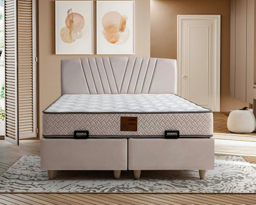 Säng elegant i tyg och trä