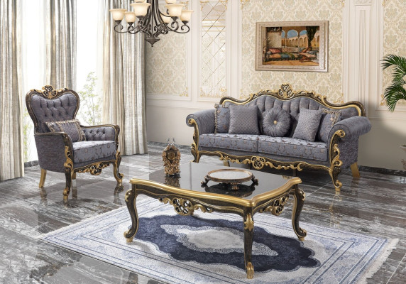 Chesterfield Sofagarnitur Polstersofa Sofa Blau Dreisitzer Sessel Set