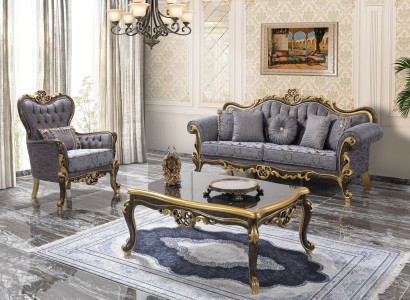 Chesterfield Sofagarnitur Polstersofa Sofa Blau Dreisitzer Sessel Set