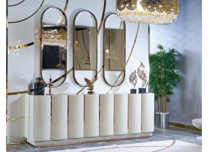 Wohnzimmer Anrichte weiß Spiegel Material Holz mit Metall Stil Modern