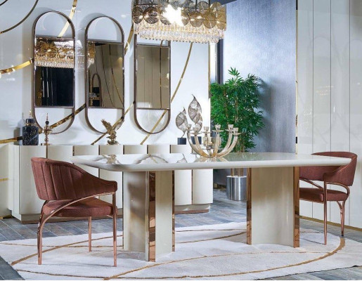 Wohnzimmer Anrichte weiß Spiegel Material Holz mit Metall Stil Modern