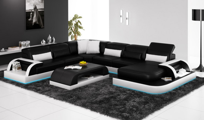 Sofa Ecksofa Design Wohnlandschaft Schwarz Polster Sitz Garnitur Ledersofa USB