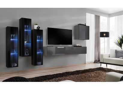 Designer Grau Wohnwand TV Ständer Komplett Hochglanz Sideboard Wand Schrank