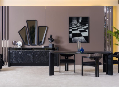 Schwarzes Esszimmer Set Esstisch 6xSühle Sideboard 3x Spiegel Essgruppe Luxus
