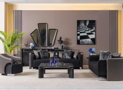 Sofagarnitur 3+3+1 Sitzer Wohnzimmer Set Komplett Textil Sofa Sessel Holz Neu