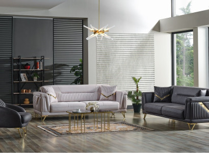 Sofagarnitur 3+3+1 Sitzer Textil Holz Sofa 3 Sitzer Modern Sessel Komplett Set Neu