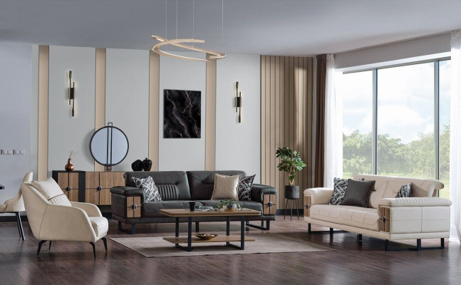 Sofagarnitur 3+3+1 Sitzer Wohnzimmer Set Komplett Textil Holz Sofa Sessel 
