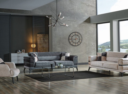 Sofagarnitur 3+3+1 Holz Wohnzimmer Luxus Sofa Modern Stoff Neu Komplett