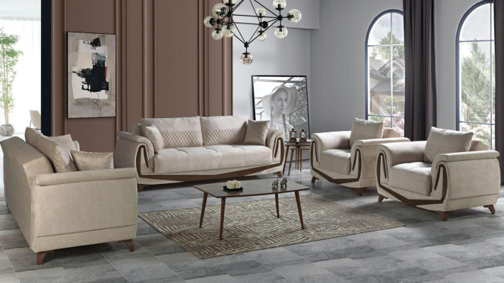 Sofagarnitur 3+2+1+1 Holz Wohnzimmer Luxus Sofa Modern Stoff Komplett Neu