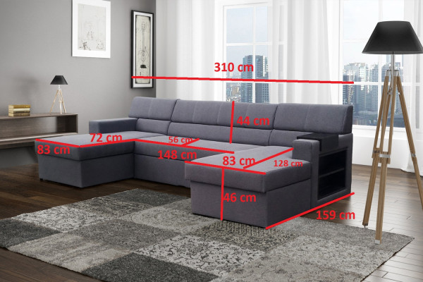 Design Ecksofa Markos U-form Bettfunktion Couch Hochtöner Leder Textil