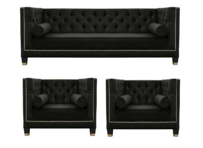 Schwarze Wohnzimmer Sofagarnitur Chesterfield Sessel Dreisitzer 3tlg