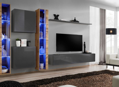 Luxus Komplett Set 6tlg Wohnwand Grau TV-Ständer Wandschrank Sideboard Modern