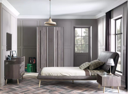 Garnitur Polsterbett Jugendbett Bettrahmen Bett Set 5tlg Holz Grau Neu