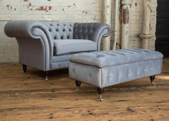 Chesterfield Hocker Fuß Sessel Polster Ottoman Beistell Relax Textil Leder Neu