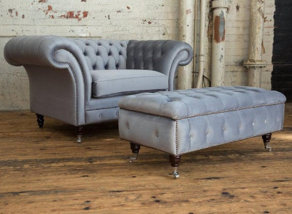 Chesterfield Hocker Fuß Sessel Polster Ottoman Beistell Relax Textil Leder Neu