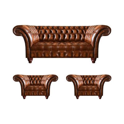 Braune Wohnzimmer Chesterfield Garnitur 2x Ledersessel Edler Dreisitzer