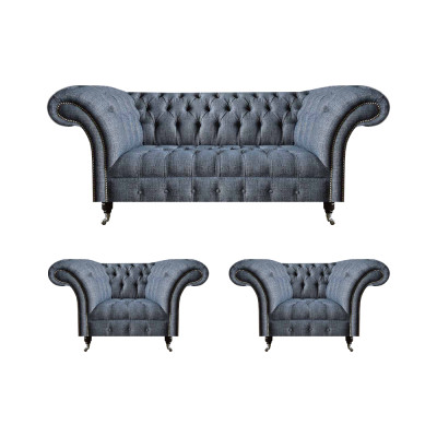 Chesterfield Garnitur Graue Polster Sitzmöbel 2x Lehnsessel Dreisitzer