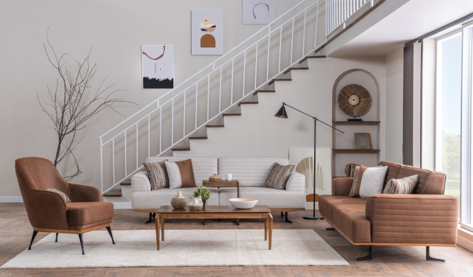 Modern Dreisitzer Sofa und Sessel Braun Polstermöbel Set  für Wohnzimmer