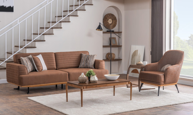 Modern Dreisitzer Sofa und Sessel Braun Polstermöbel Set  für Wohnzimmer
