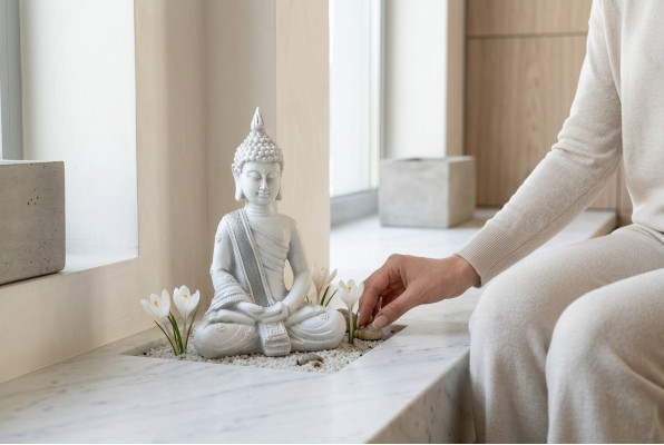 Dekorative Figur Buddha Skulptur in Steinoptik. Große Skulptur für Garten