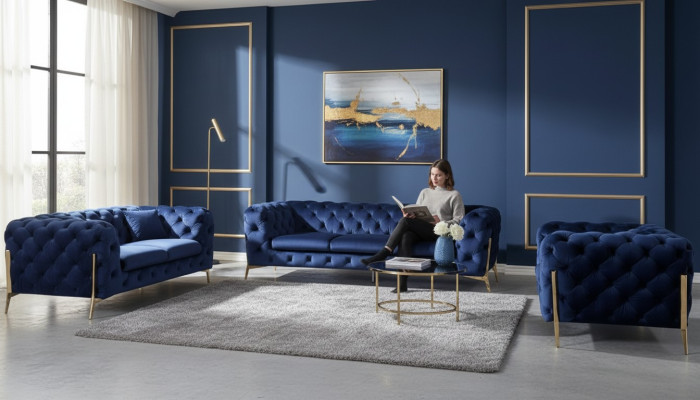 Luxus Hochwertige Sofa Couch Polster Sitz 3+2+1 Garnitur Deko Chesterfield