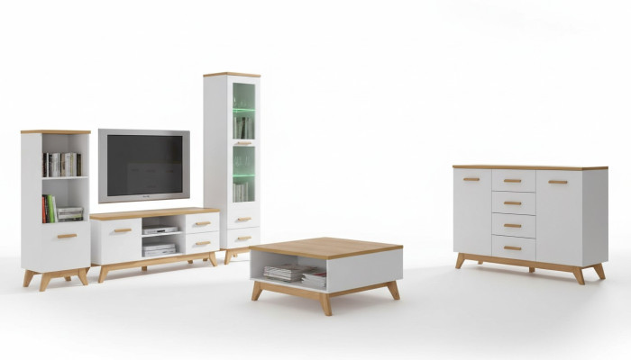 Wohnwand Wohnzimmer-Set Vitrine Lowboard Wandregal TV Tisch 5 tlgs
