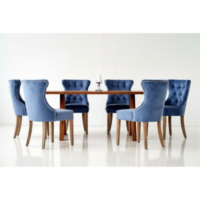 Rechteckiger Holztisch Designer x6 Chesterfield Blaue Stühle 7tlg. Essgruppe