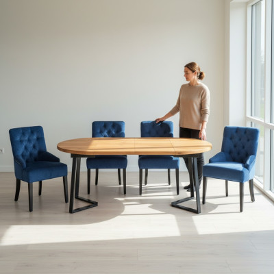 Runder Holz Esstisch Designer Blaue x4 Chesterfield Esszimmer Stühle 5tlg Set.