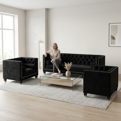 Schwarze Wohnzimmer Sofagarnitur Chesterfield Sessel Dreisitzer 3tlg