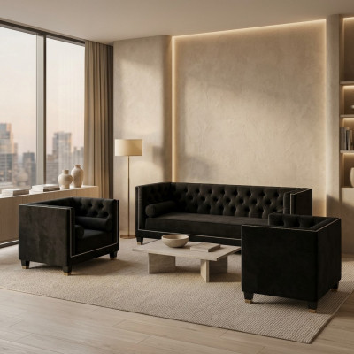 Schwarze Wohnzimmer Sofagarnitur Chesterfield Sessel Dreisitzer 3tlg