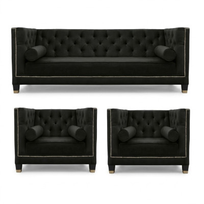 Schwarze Wohnzimmer Sofagarnitur Chesterfield Sessel Dreisitzer 3tlg