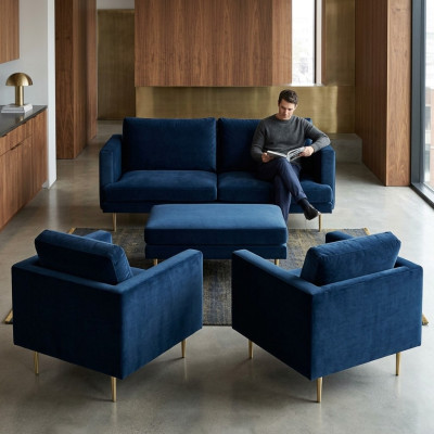 Sofa Gruppe sitz Sessel Hocker Möbel Textil Stoff Blau Zweisitzer Wohnzimmer neu