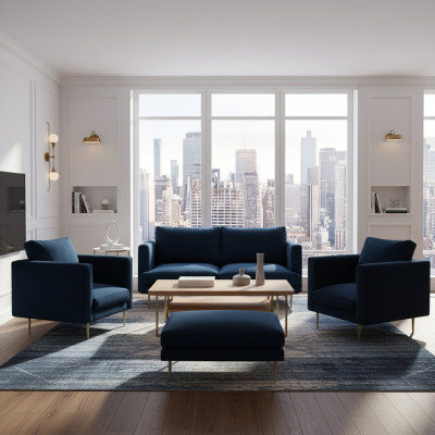 Sofa Gruppe sitz Sessel Hocker Möbel Textil Stoff Blau Zweisitzer Wohnzimmer neu