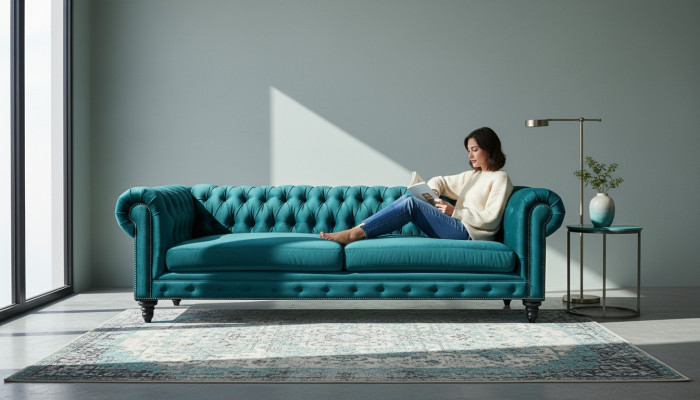 Chesterfield Dreisitzer Kreative Möbel Textil Stoff Blaugrün Wohnzimmer Modern