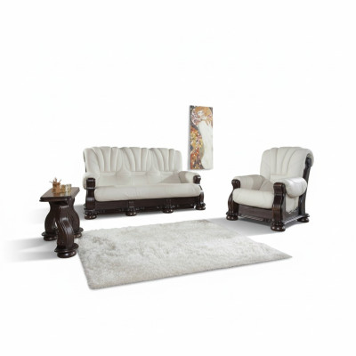 Dreisitzer Sofa Leder Couch Holz Polster Klassische Geschnitzte Couchen Sofas
