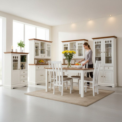 Landhaus Wohn EssZimmer Set 8tlg Garnitur Tisch Anrichte Stühle Vitrine Möbel