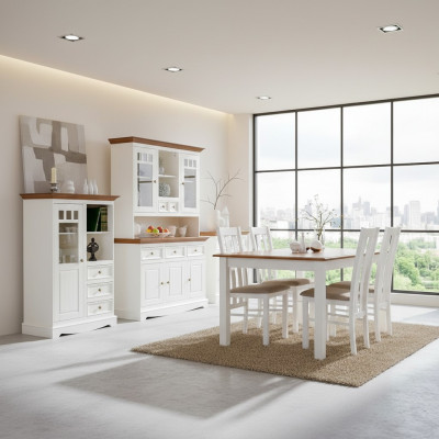 Landhaus Wohn EssZimmer Set 8tlg Garnitur Tisch Anrichte Stühle Vitrine Möbel