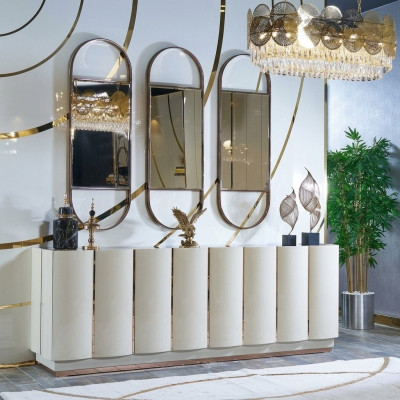 Wohnzimmer Anrichte weiß Spiegel Material Holz mit Metall Stil Modern