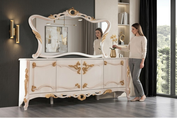 Anrichte mit Spiegel Garnitur Ess Barock Kommoden Holz Kommode Holz Schrank Neu